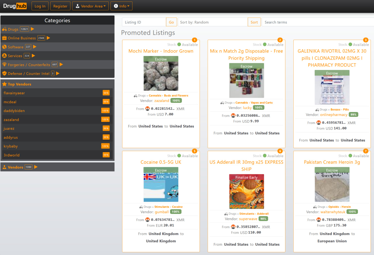 Drughub Onion interface screenshot sample