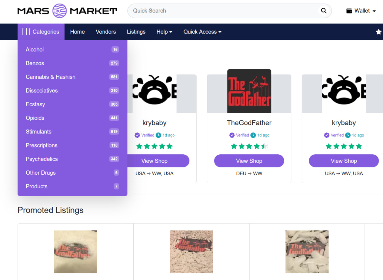 MarsMarket Onion storefront screenshot