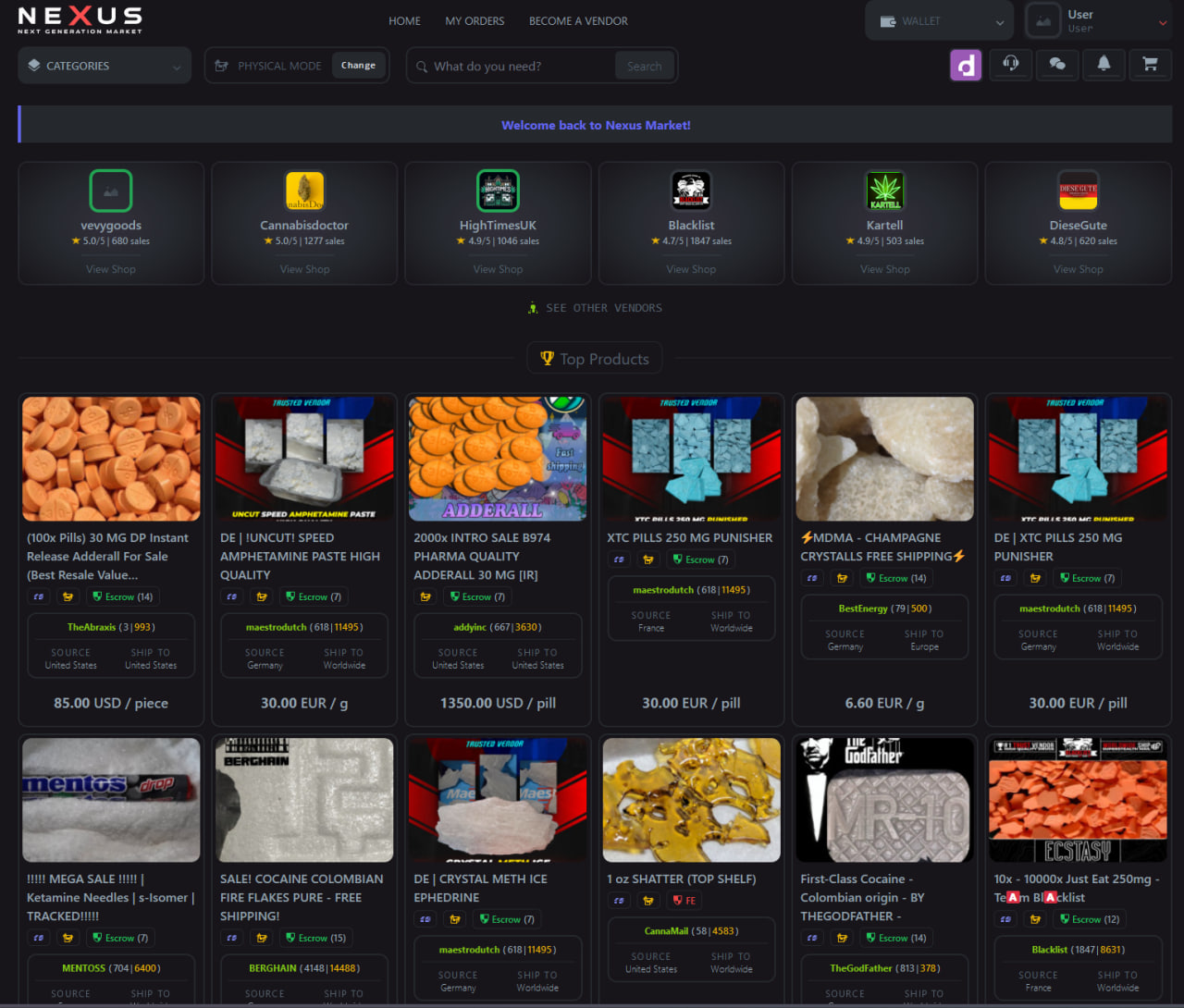 Nexus Tor storefront interface screenshot